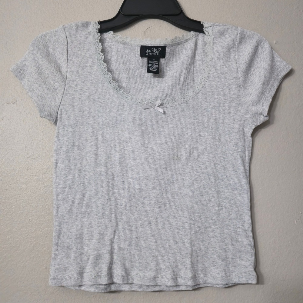 Just Polly New York Gray Ribbed Lace Trim Bow Scoop Neck Baby Tee Top Medium